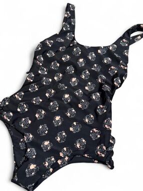 Tori Praver Swimwear Black One-Piece with Peach Floral Accents